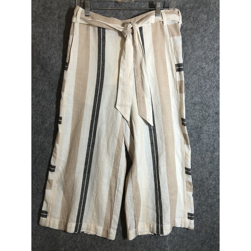Anthropologie Pants Womens Small Tan Stripe Linen Blend Wide Leg Cropped Belted